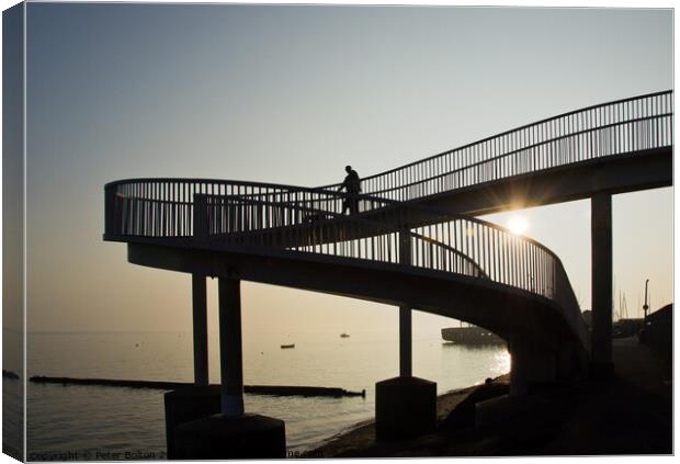 An 'abstract style' footbridge in silhouette at Leigh on Sea, Essex, UK. Canvas Print by Peter Bolton