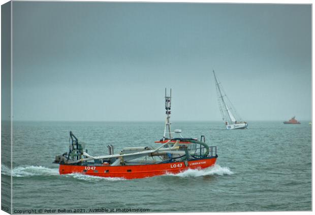 'Liberator' cockle dredging vessel off Southend on Sea, Essex. Canvas Print by Peter Bolton