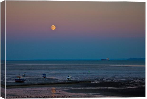 Full moon over the beach at Thorpe Bay, Southend on Sea, Essex, UK. Canvas Print by Peter Bolton