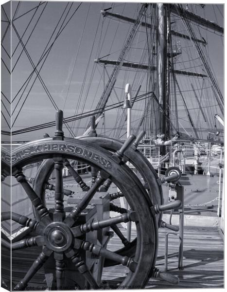 The ships wheel and view across the deck of tall ship Khersones. Southend on sea visit. Canvas Print by Peter Bolton