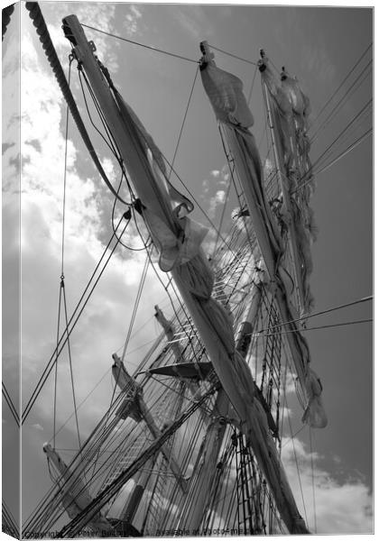 Mercedes sailing ship. Abstract view of her masts and furled sails in black and white Canvas Print by Peter Bolton