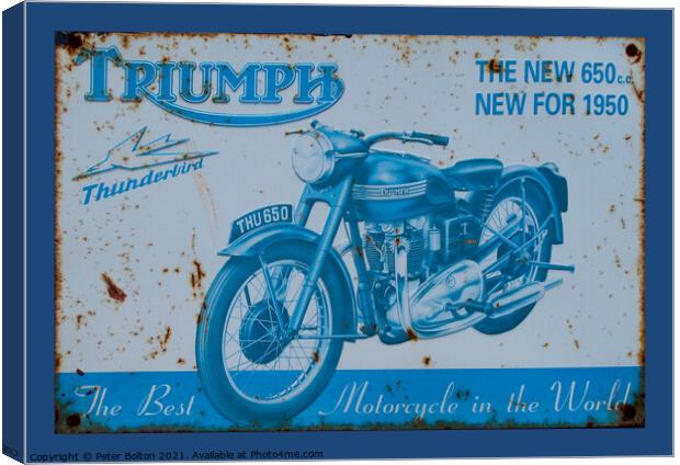 Vintage enamel sign showing Triumph motorcycle Canvas Print by Peter Bolton