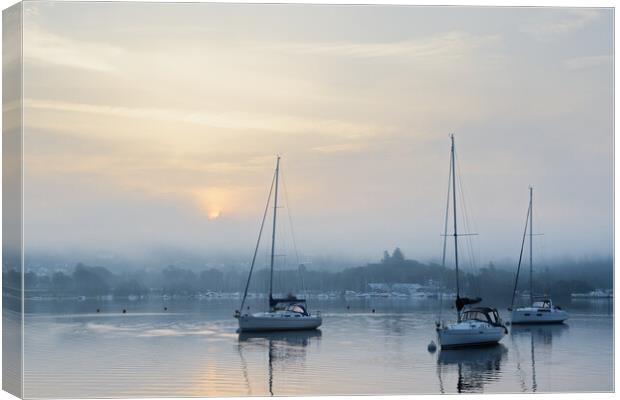 Yachts on Windermere - Misty Sunrise Canvas Print by Chester Tugwell