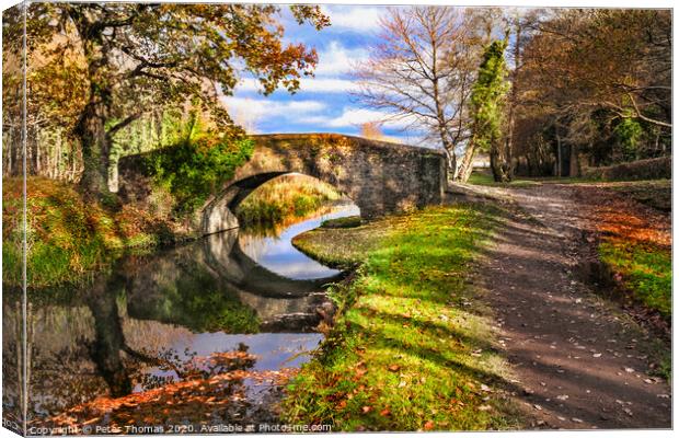Neath canal and bridge in autumn Canvas Print by Peter Thomas