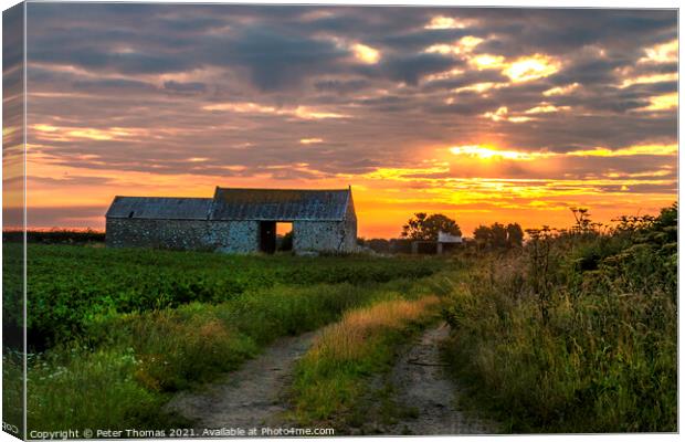 Glowing Sunrise on Farm Track Canvas Print by Peter Thomas