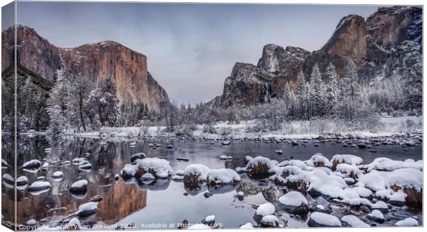 Yosemite in the snow from Valley View Canvas Print by harry van Gorkum