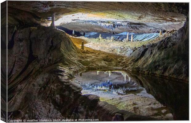 Ingleborough: Stalactites and Stalagmites reflections in cave pool Canvas Print by Heather Sheldrick