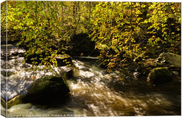 Dappled Sunlit Autumn Leaves and Rushing River Canvas Print by Ken Hunter