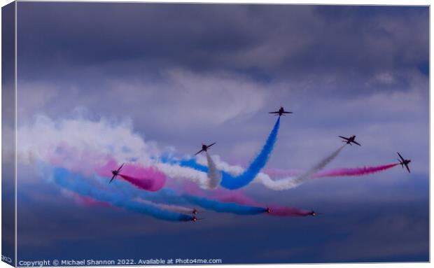 Nine Red Arrow aircraft performing manoeuvre Canvas Print by Michael Shannon
