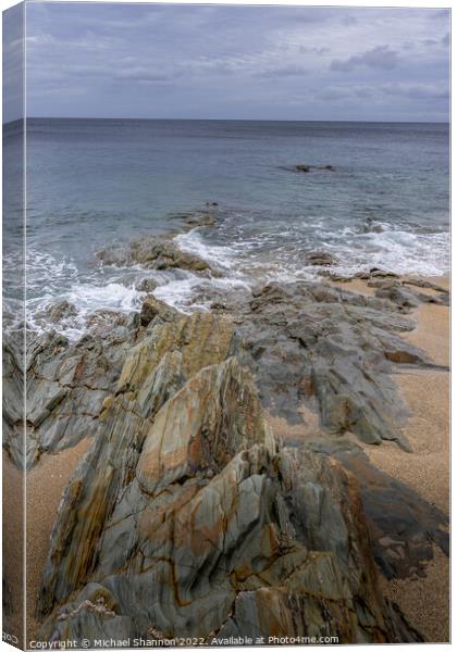 Rock formations on the beach at Porthleven in Corn Canvas Print by Michael Shannon