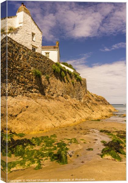 Whitewashed Cottages and sea wall in Gorran Haven, Canvas Print by Michael Shannon