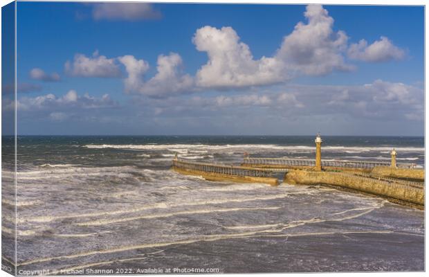 Clifftop view of the piers in Whitby, North Yorksh Canvas Print by Michael Shannon