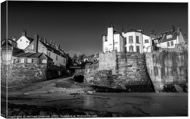 Robin Hoods Bay (Black and White) Canvas Print by Michael Shannon