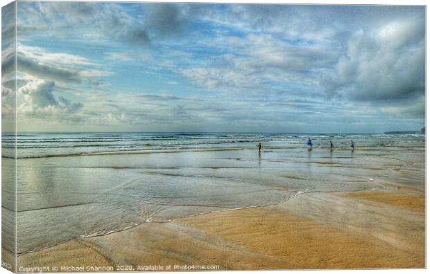 Rushing to Ride Waves - Watergate Bay, Cornwall Canvas Print by Michael Shannon