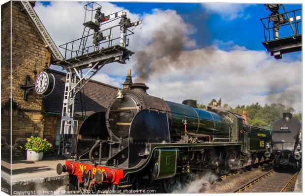 Steam Trains at the Signal on Grosmont Station Canvas Print by Michael Shannon