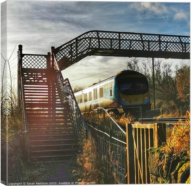 Iron railway bridge with train, Mossley Canvas Print by Sarah Paddison