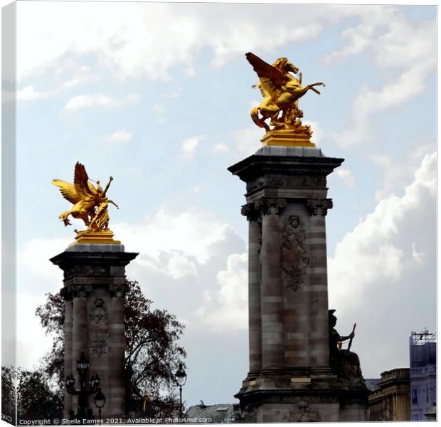 The Golden Statues on Pont Alexandre III  Canvas Print by Sheila Eames