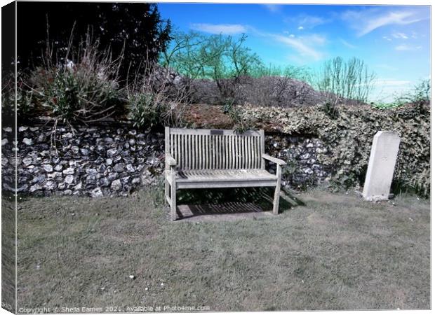 The Resting Bench at the Church in Newington  Canvas Print by Sheila Eames