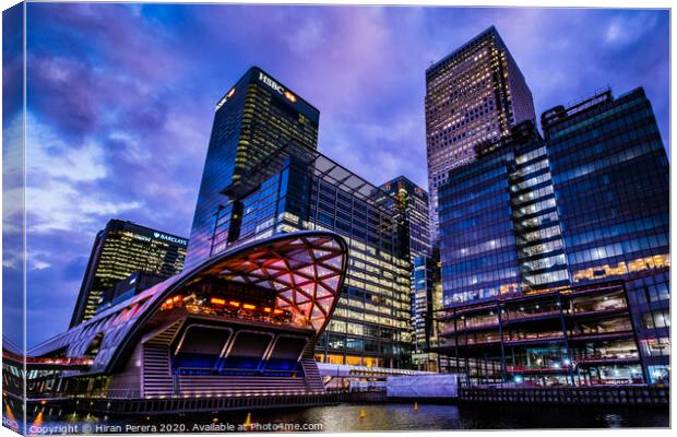 Canary Wharf and Crossrail Place at Sunset Canvas Print by Hiran Perera