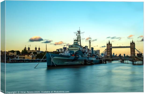 HMS Belfast, The Tower of London and Tower Bridge at Sunset Canvas Print by Hiran Perera
