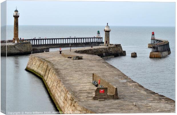 lighthouses at the end of the piers at whitby harb Canvas Print by Fiona Williams