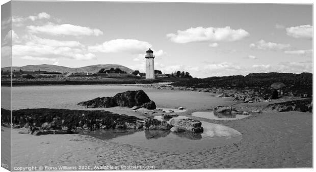 Southerness lighthouse and beach in black and white Canvas Print by Fiona Williams