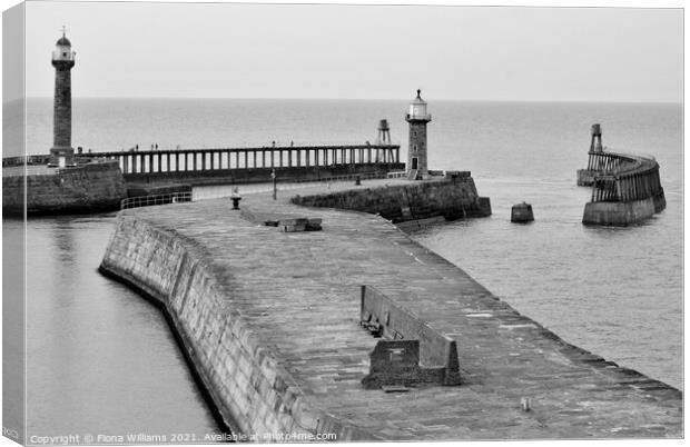 Whitby pier and lighthouses Canvas Print by Fiona Williams