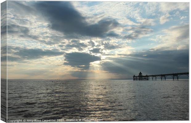 Sun setting over Bristol sea in view of Clevedon p Canvas Print by Amy-Rose Carpenter