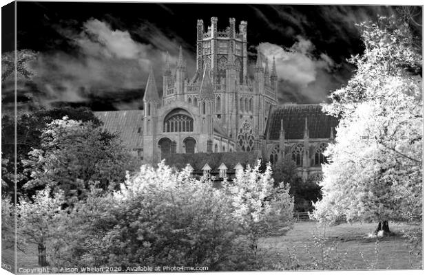 Ely Cathedral Octagon Tower in Monochrome Canvas Print by Alison Whelan