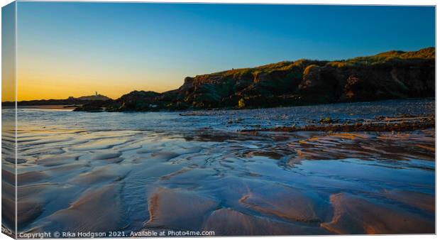 Sunset of the wet Gwithian sands, Godrevy, Hayle Cornwall, England Canvas Print by Rika Hodgson