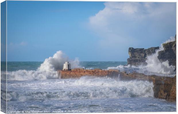 Crashing Waves, Portreath Harbour, Cornwall, England Canvas Print by Rika Hodgson