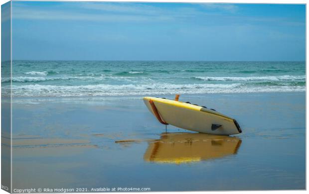 Surfboard & Reflection on Praa Sands Beach, Cornwall Canvas Print by Rika Hodgson