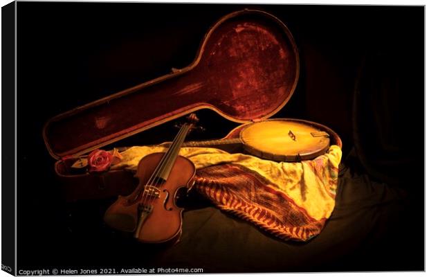 Banjo and violin still life photo oil painting style Canvas Print by Helen Jones