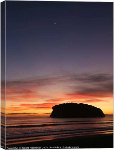 Dawn with new Moon at Whangamata Beach, New Zealand Canvas Print by Robert MacDowall