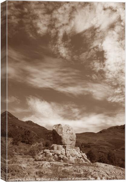 Bruce's Stone in Glen Trool in Dumfries and Galloway, Scotland - in sepia Canvas Print by Robert MacDowall