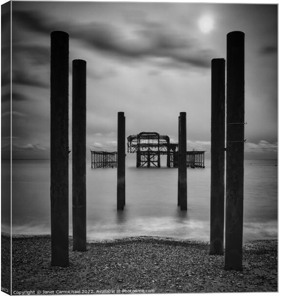 Brighton West Pier in Monochrome Canvas Print by Janet Carmichael