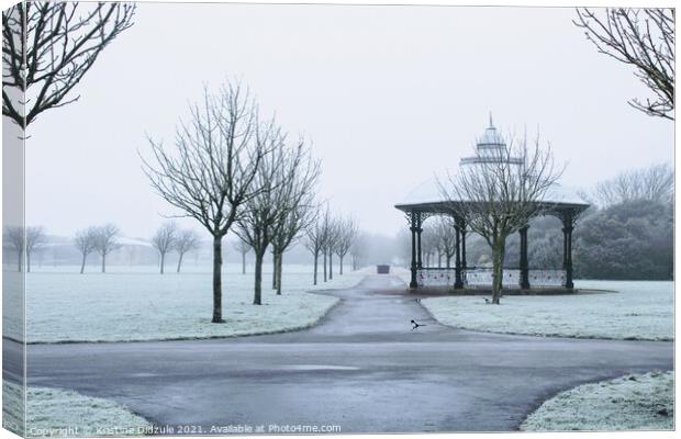 Misty winter morning at Victoria Park, Southport  Canvas Print by Kristine Didzule
