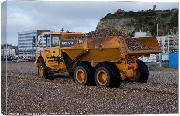 Volvo Dump Truck in Action in Hastings. Canvas Print by Mark Ward