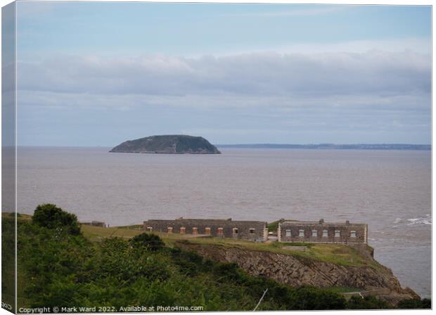 Brean Down Fort with Steep Holm Island. Canvas Print by Mark Ward