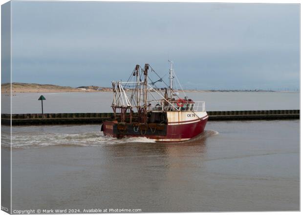 Fishing boat leaving Rye Harbour. Canvas Print by Mark Ward
