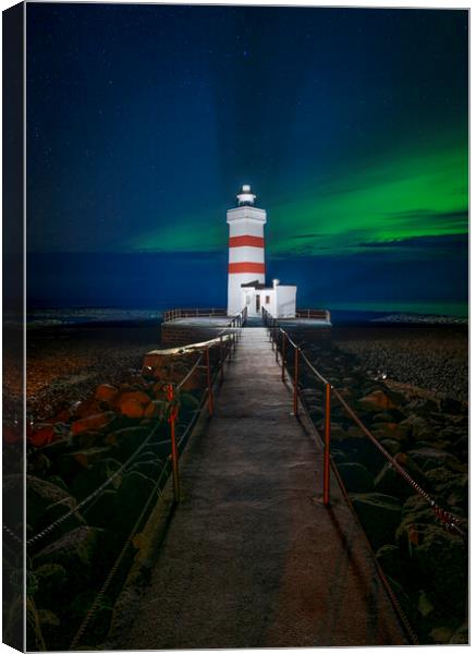 Garður Old Lighthouse with aurora  Canvas Print by Jonny Gios