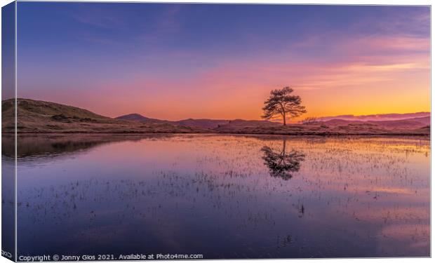 Colours of Sunset at Kelly Hall Tarn in Coniston  Canvas Print by Jonny Gios