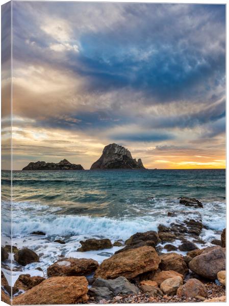 Photography with a multicolored sky at sunset with Es Vedra on the horizon Canvas Print by Vicen Photo