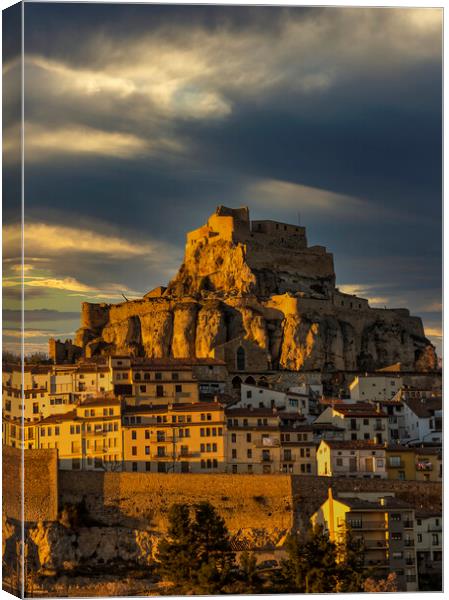 Photography with the town and castle of Morella on the hill under the clouds Canvas Print by Vicen Photo