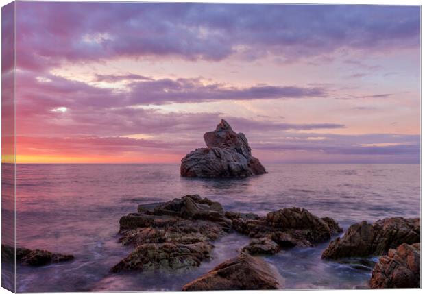 Photography with a lonely island in a violet sunrise in Lloret de Mar Canvas Print by Vicen Photo