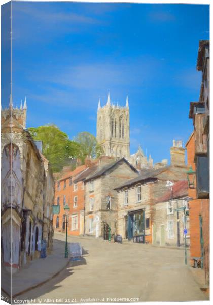 The Strait and Steep Hill Lincoln Cathedral behind Canvas Print by Allan Bell