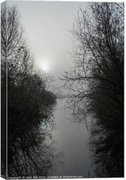 Misty sun over lake in Monochrome Canvas Print by Allan Bell