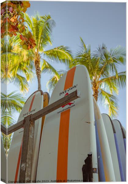 Surfboards on Waikiki Beach Canvas Print by Jeff Whyte