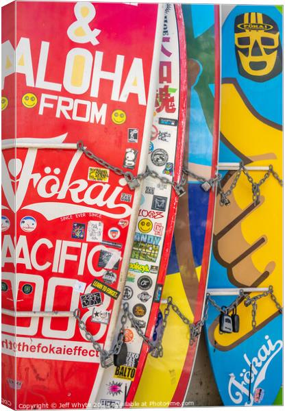 Surfboards lined up in storage at Waikiki Canvas Print by Jeff Whyte