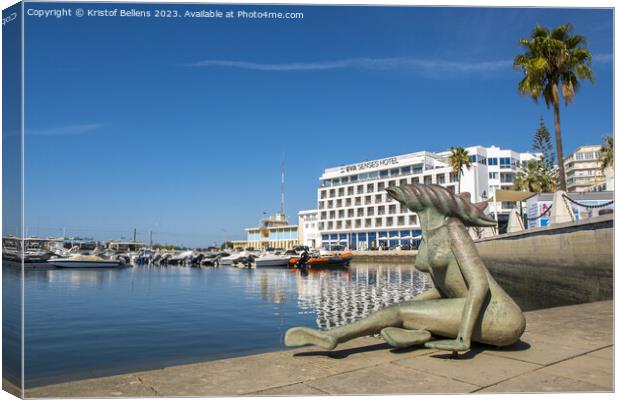 View on the Eva Senses Hotel and Sereia statue at the Marina district in Faro, Portugal Canvas Print by Kristof Bellens